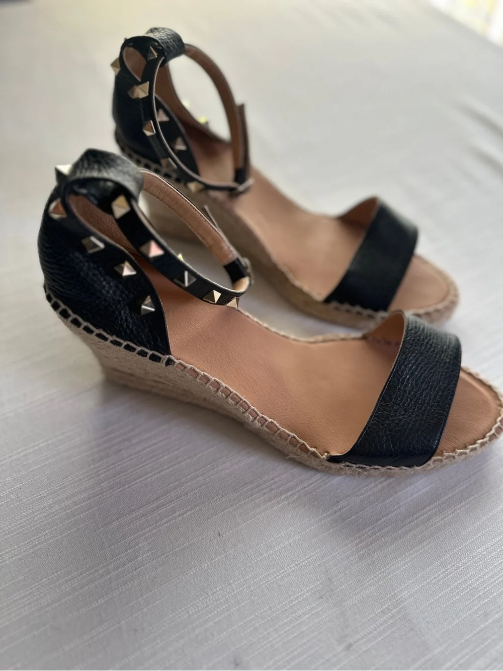 Maypol Black Pebbled Leather Studded Espadrille Wedge Sandals NWOB 42